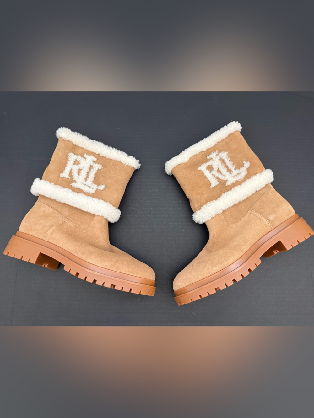 Ralph Lauren Tan Suede Logo Shearling-Trim Boots Size 10 - Picture 16 of 16